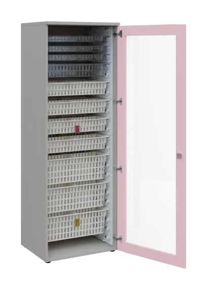 EUROMEDICA S - 66 skříň léková boxová, 1-dveřová/prosklená, pravá, 1950x660x535, korpus šedý, dvířka pastelově růžová